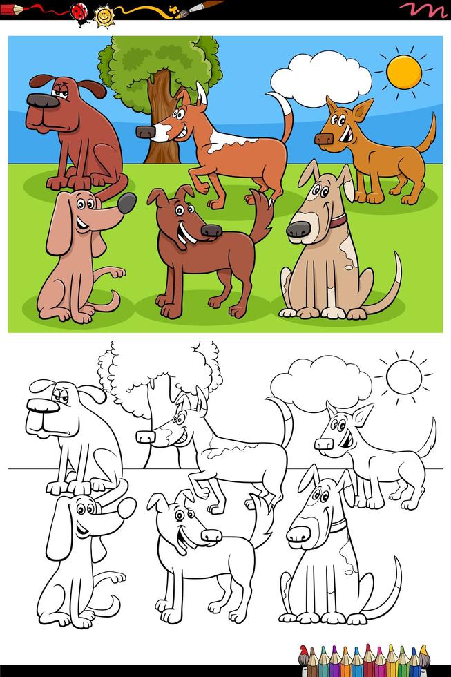 cartoon funny dogs group coloring book page vector