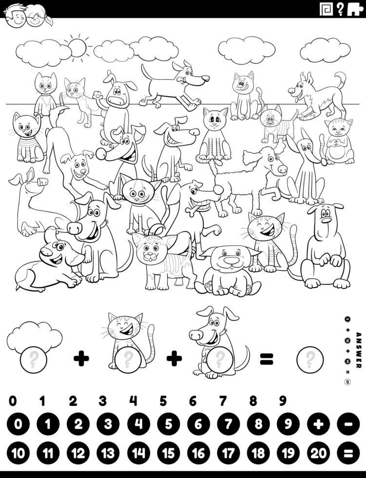 contar y agregar tareas con mascotas página de libro de color vector