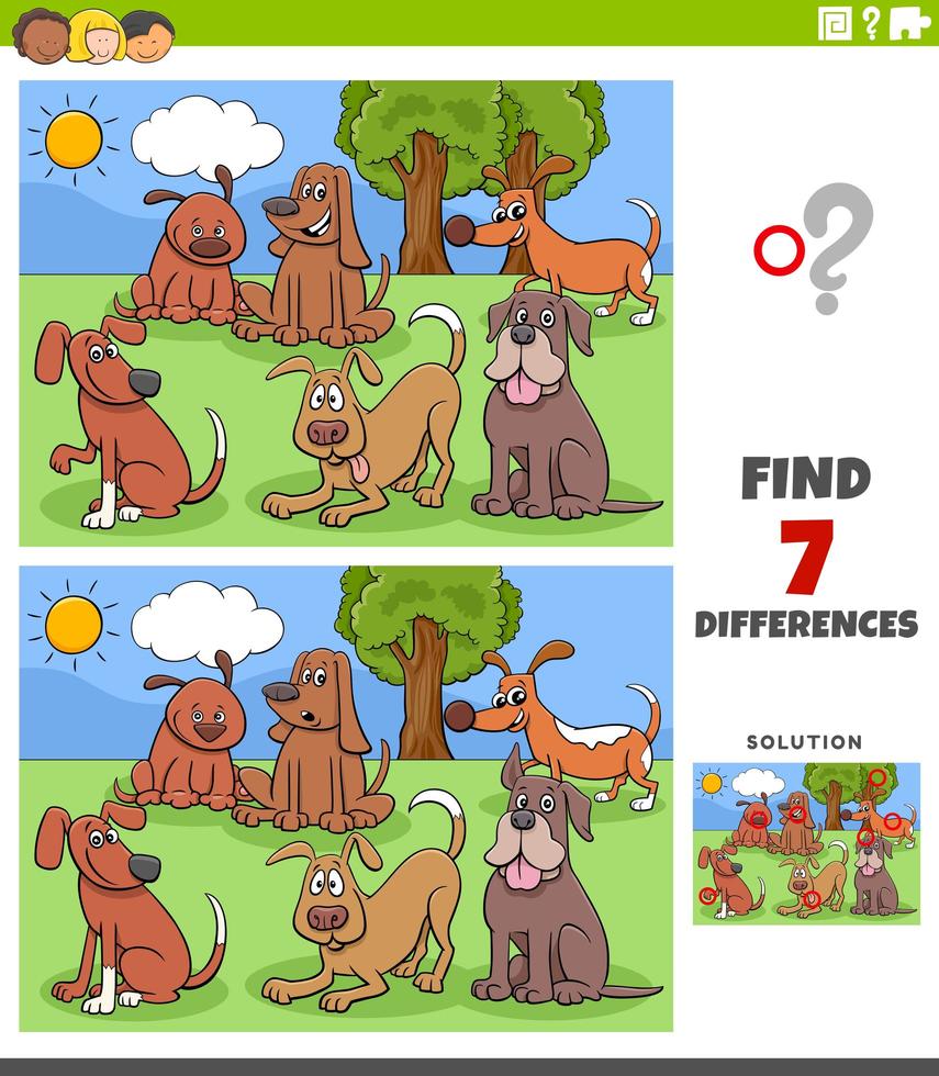 Diferencias tarea educativa con grupo de perros de dibujos animados. vector