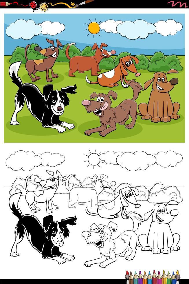 Grupo de perros de dibujos animados página de libro para colorear vector