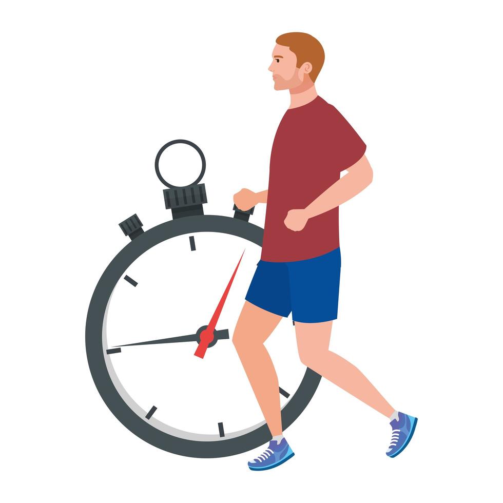 man running with stopwatch, man in sportswear jogging, male athlete with chronometer on white background vector