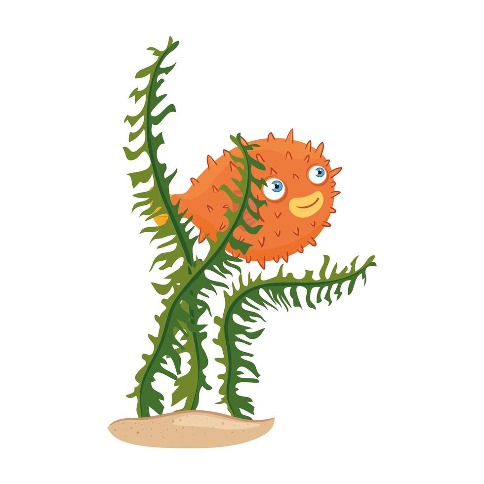 sea underwater life, blowfish animal and seaweed on white background vector