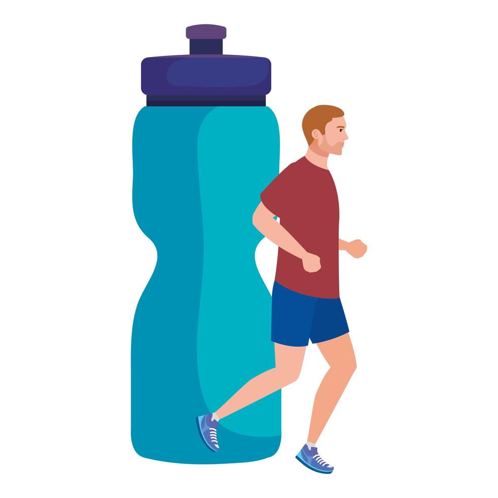 Hombre corriendo con fondo de botella de bebida de plástico, atleta masculino con botella de hidratación vector