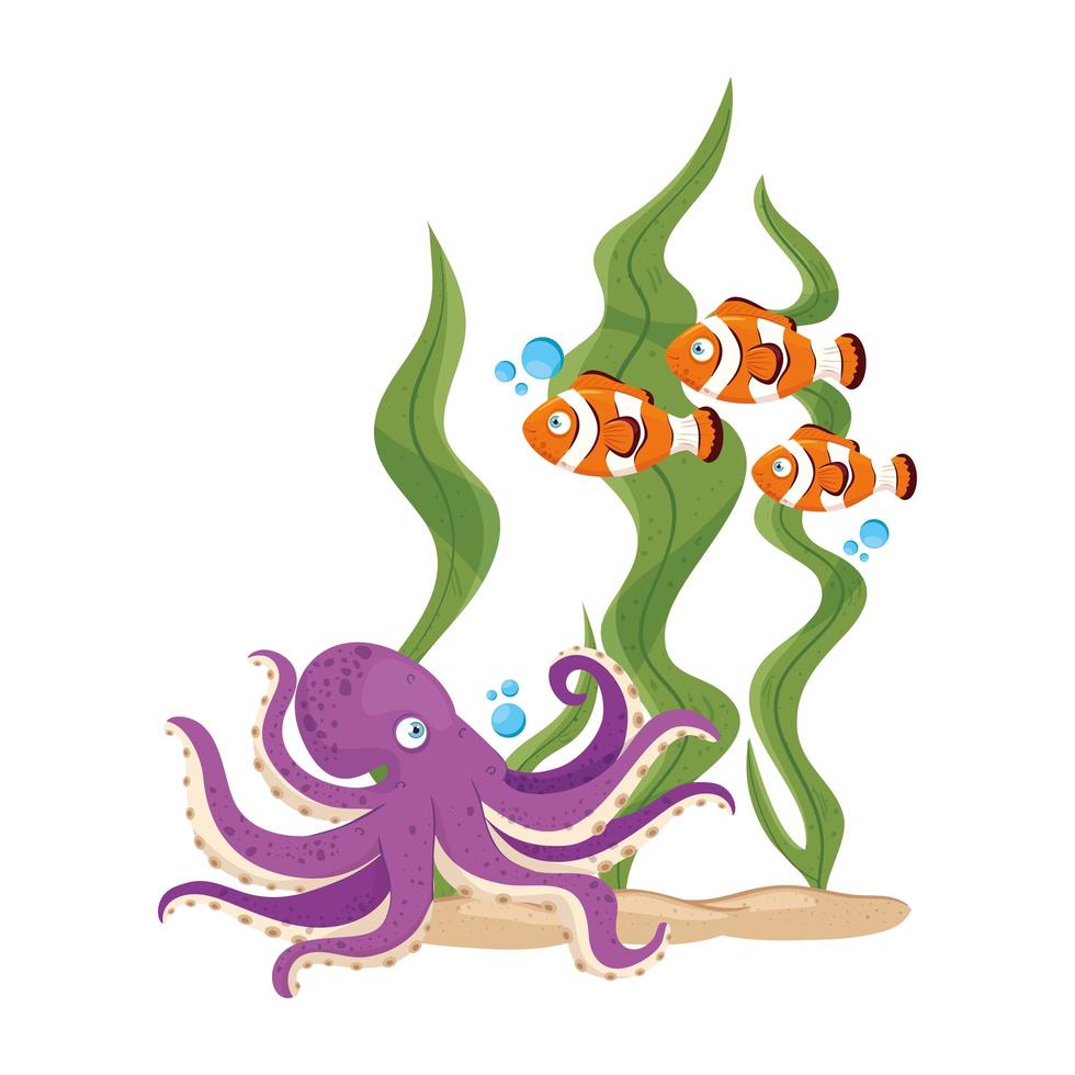 sea underwater life, fishes and octopus with seaweed on white background vector