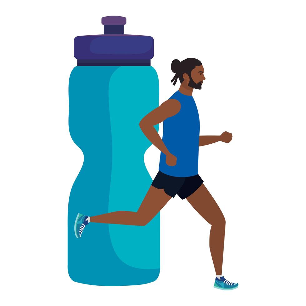 Hombre afro corriendo con fondo de botella de bebida de plástico, atleta afro masculino con botella de hidratación vector