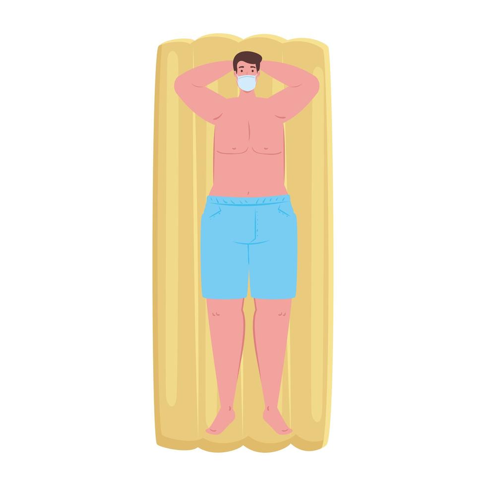 man in shorts blue color, wearing medical mask in lying down on inflatable float, covid 19 summer vacation vector
