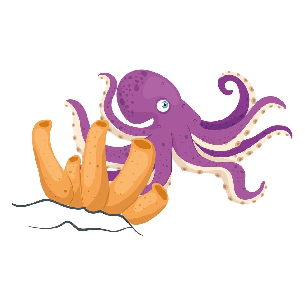 sea underwater life, octopus with coral on white background vector