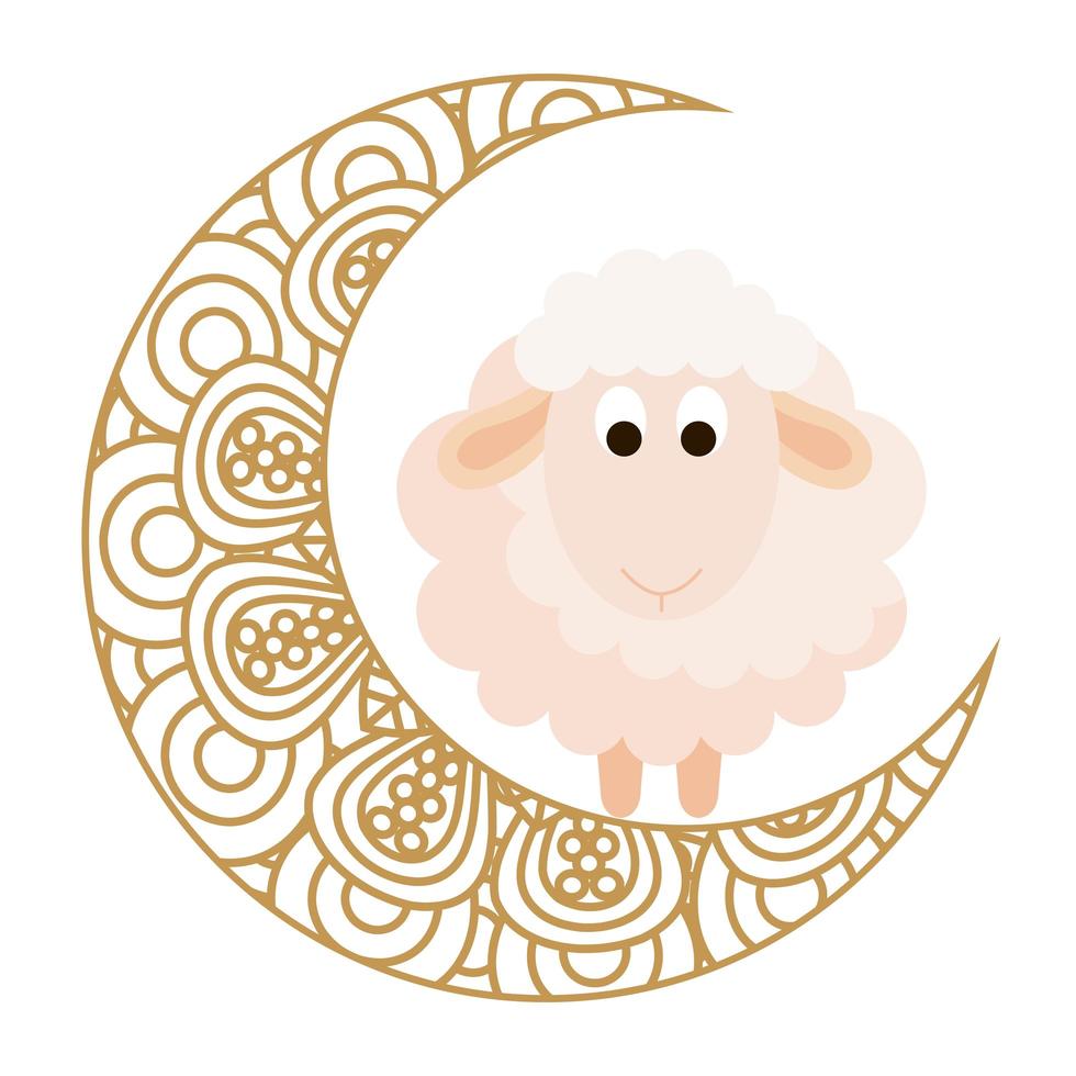 Adorno de celebración eid sobre fondo blanco, luna con ovejas vector