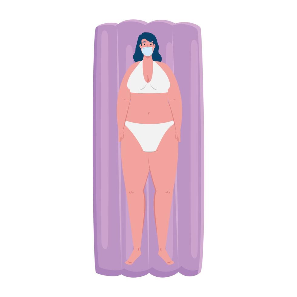 cute plump woman wearing medical mask in lying down on inflatable float, covid 19 summer vacation vector