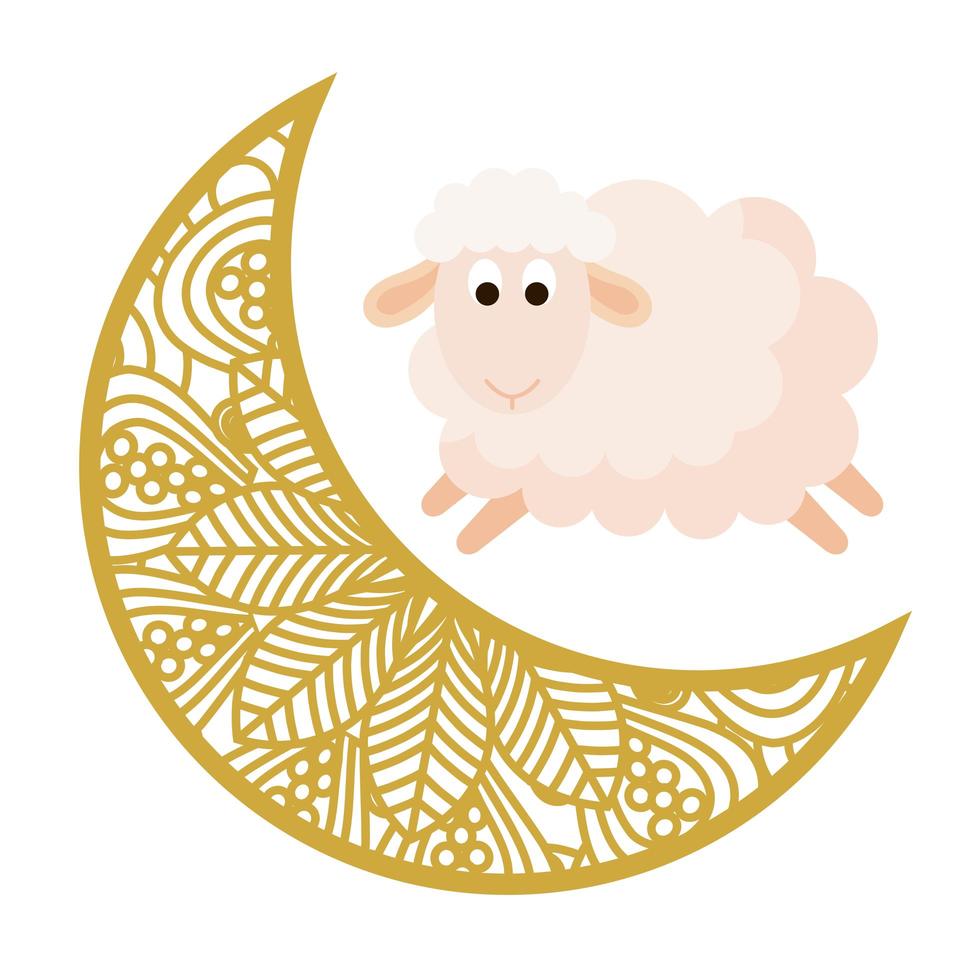 Adorno de celebración eid sobre fondo blanco, luna con ovejas vector