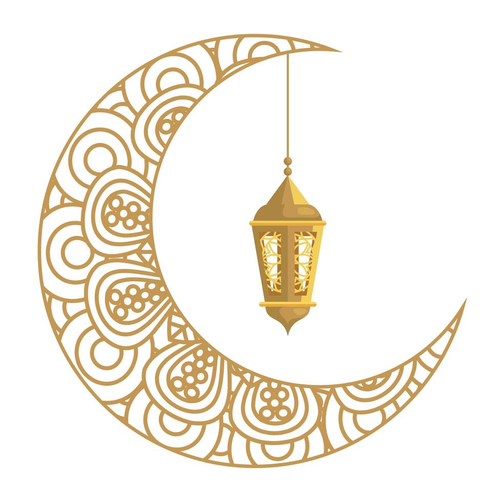 ramadan kareem lantern hanging with crescent moon golden on white background vector