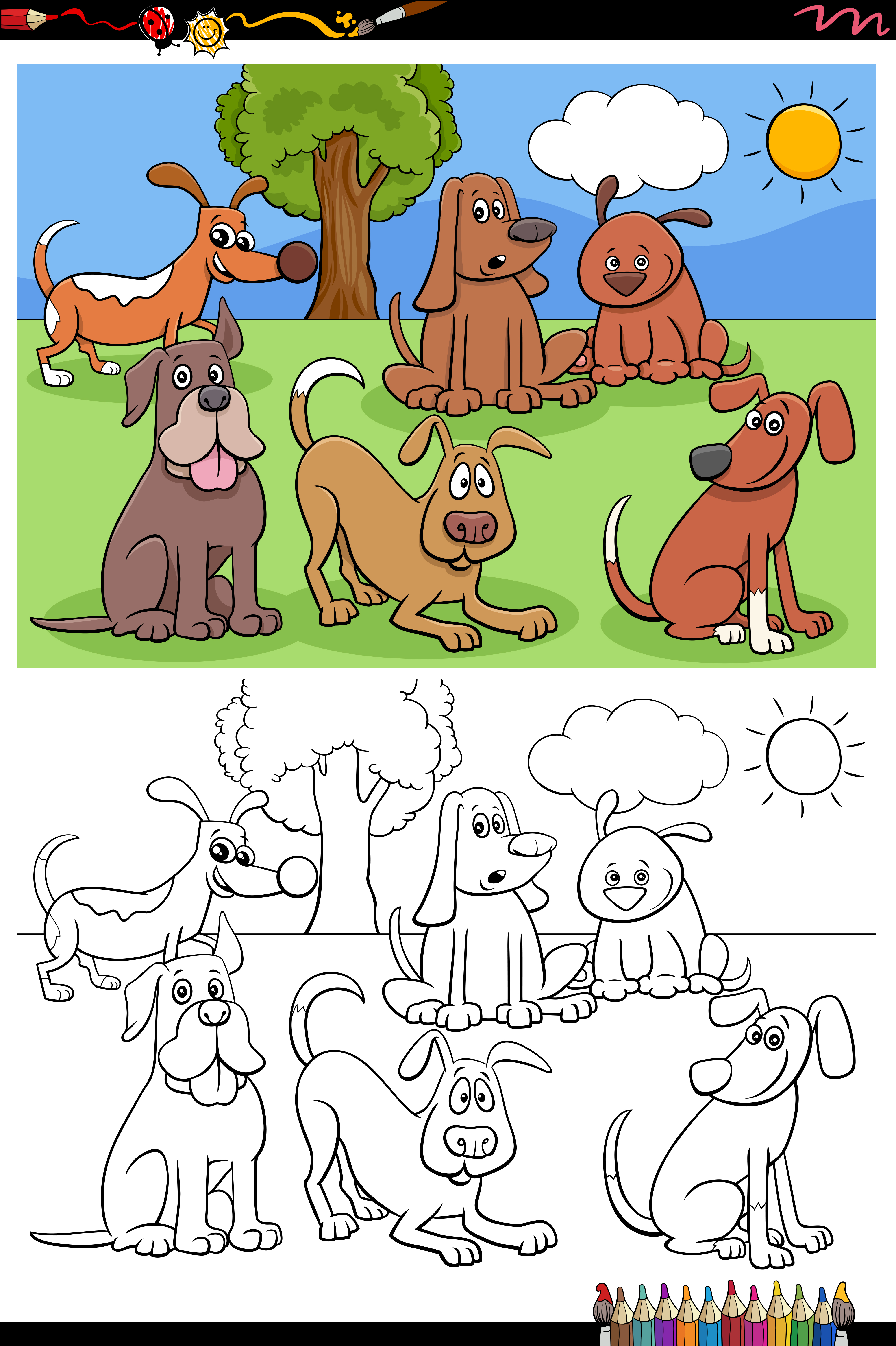 cartoon funny dogs group coloring book page 1894240 Vector ...
