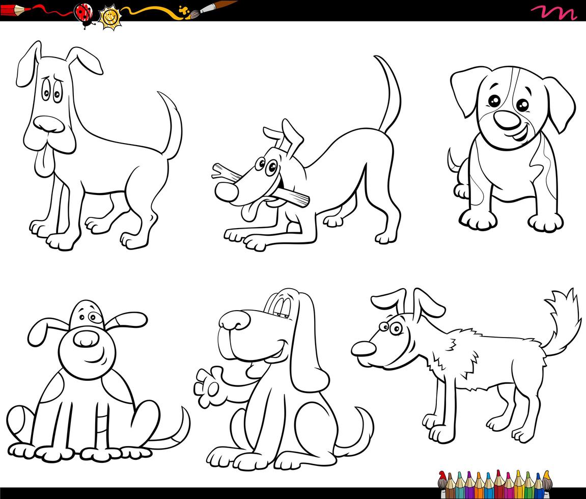 personajes de perro de dibujos animados establecer página de libro de color vector