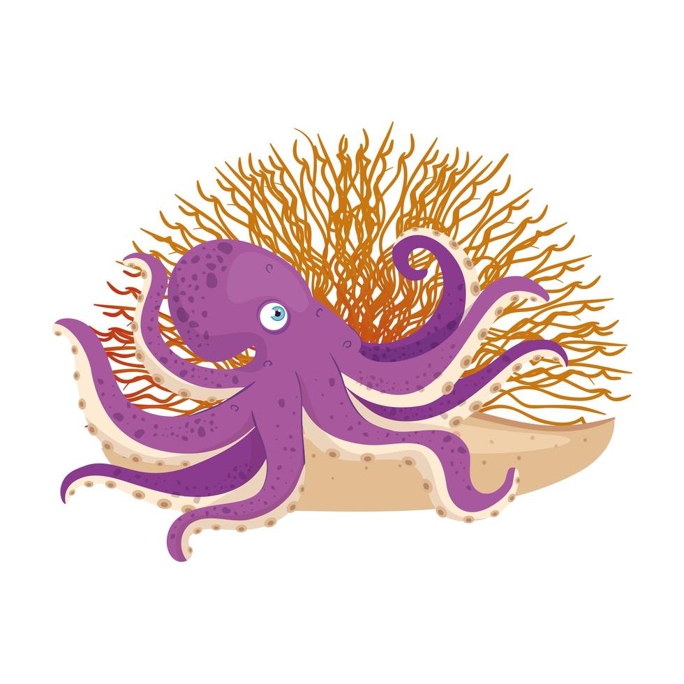 La vida submarina del mar, pulpo con coral sobre fondo blanco. vector