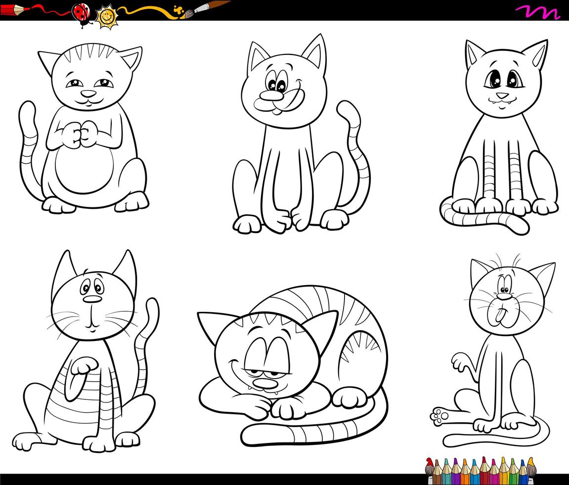 cartoon cats and kittens set color book page vector