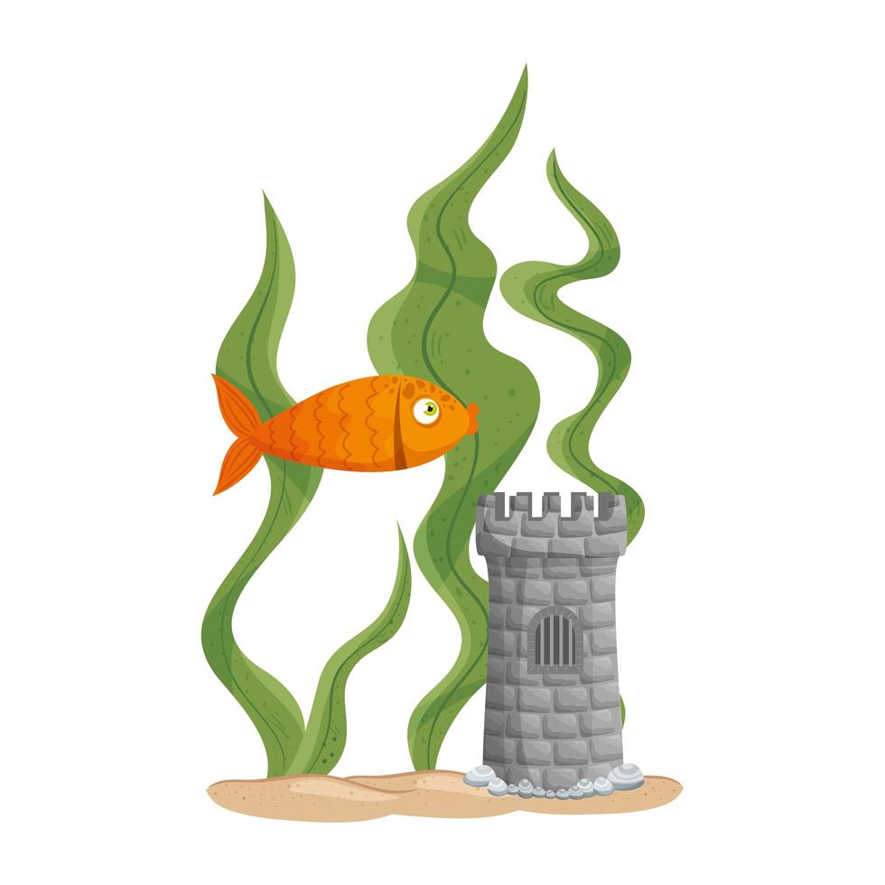 Acuario de la torre del castillo con peces y algas sobre fondo blanco. vector