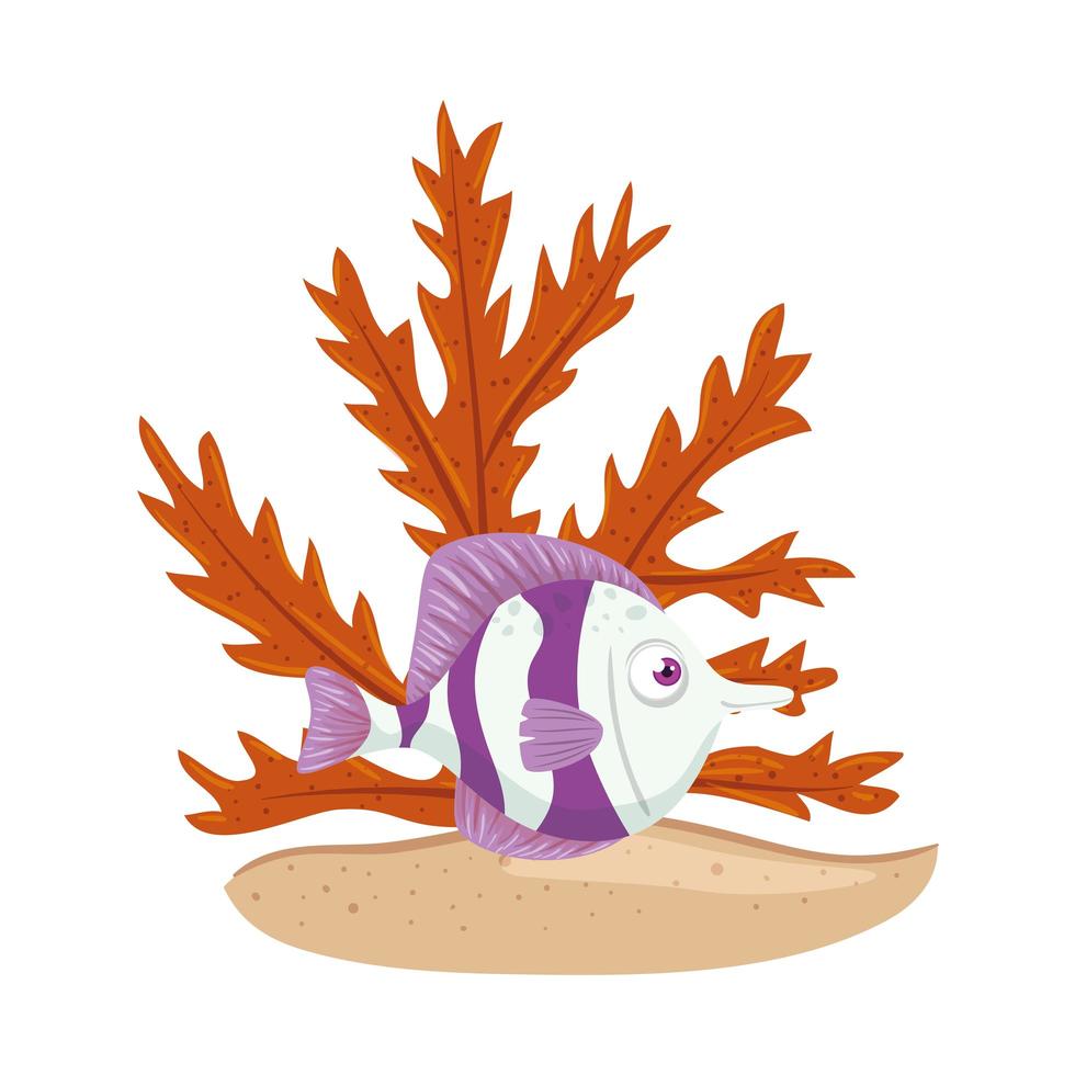 sea underwater life, cute fish with seaweed white background vector