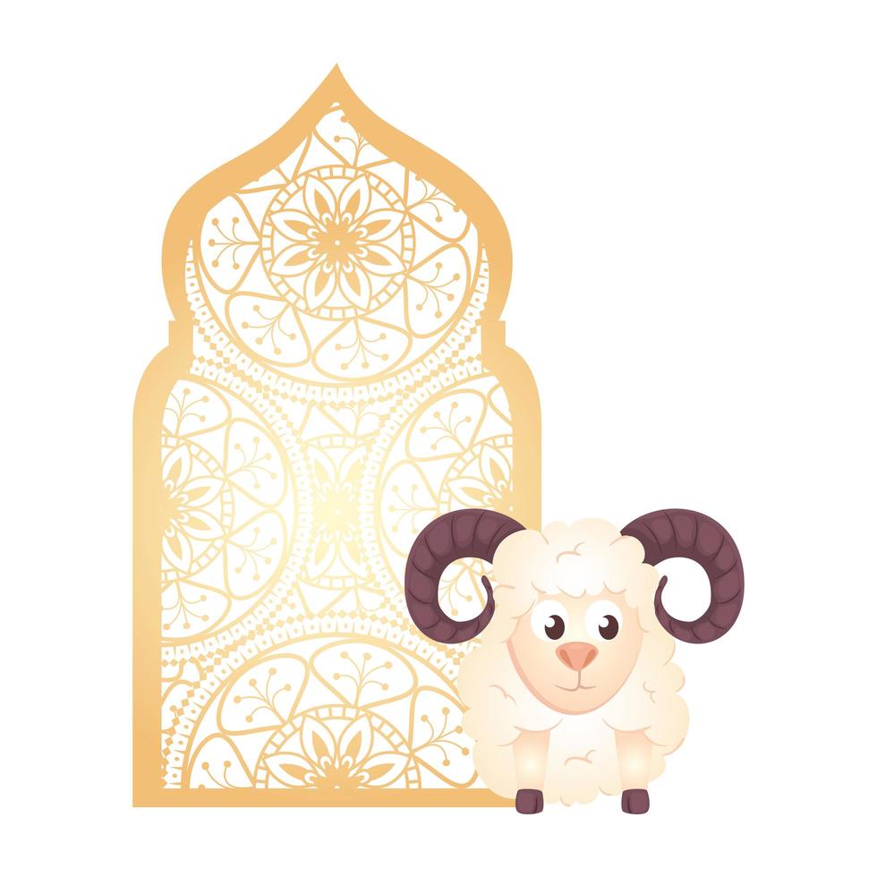 Arco islámico con cabra, árabe musulmán tradicional ornamental vector