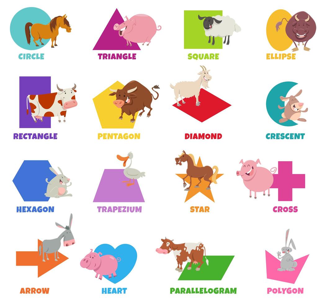 geometric shapes with cartoon farm animals set vector
