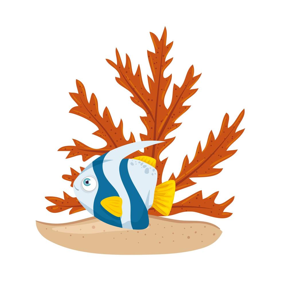 sea underwater life, cute fish with seaweed on white background vector