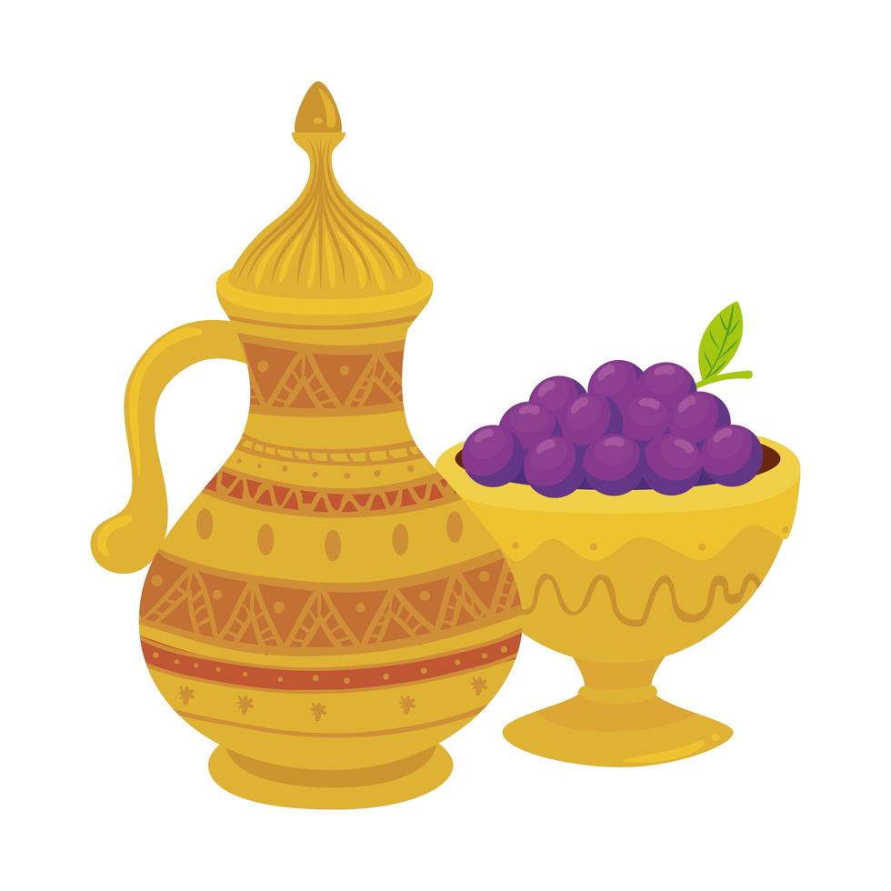 Tetera árabe de oro y olla con uvas, patrimonio de la cultura árabe sobre fondo blanco. vector