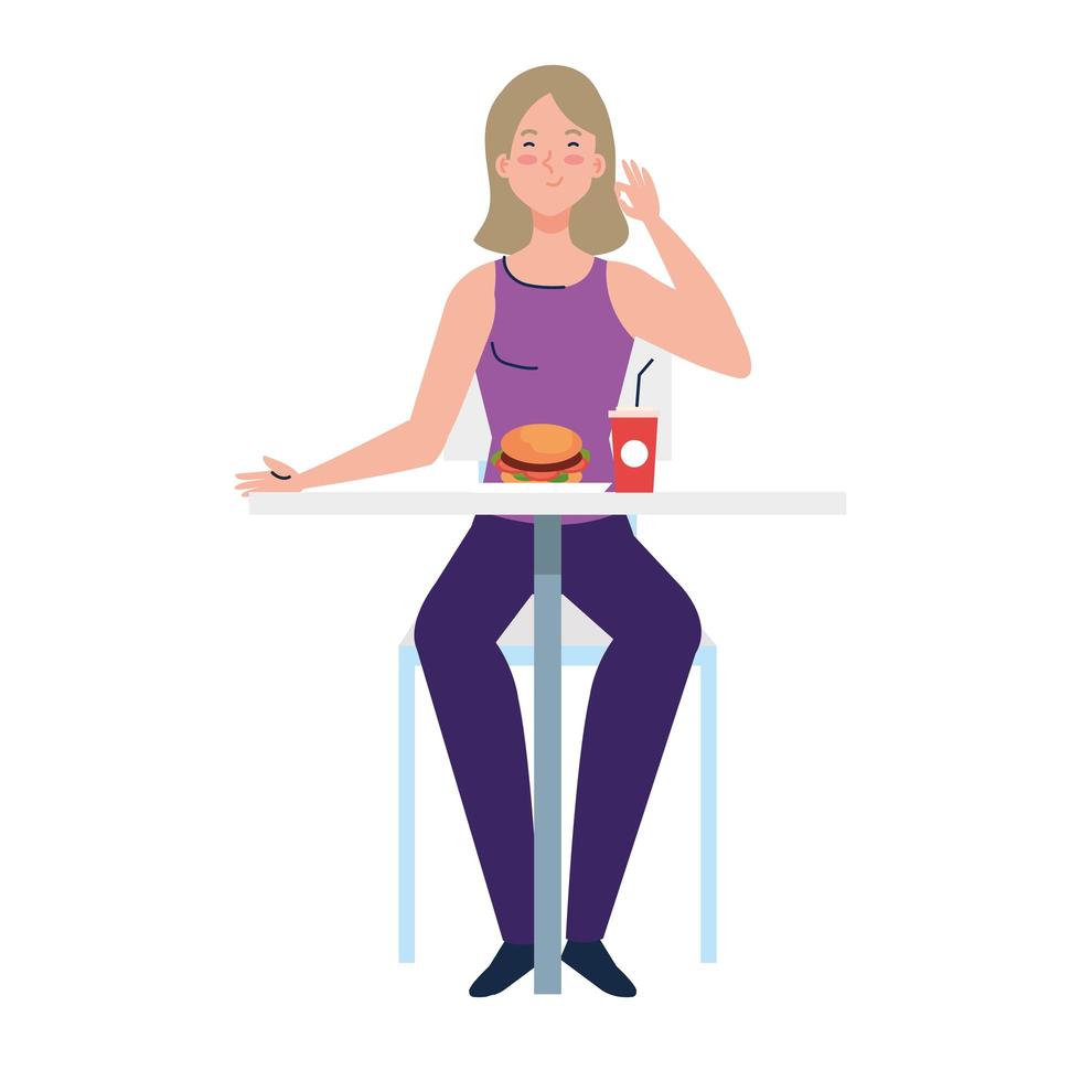 Mujer sentada en una silla, con comida en la mesa, sobre fondo blanco. vector