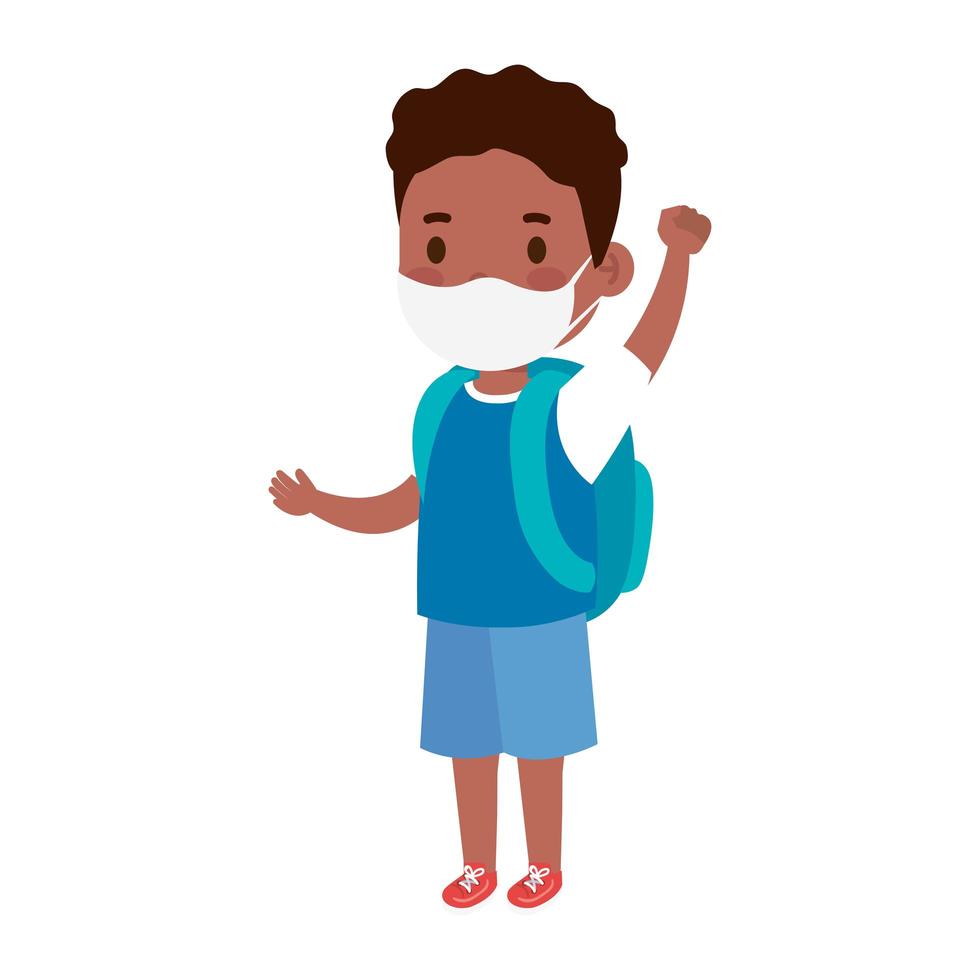 cute student boy afro wearing medical mask to prevent coronavirus covid 19 with school bag vector