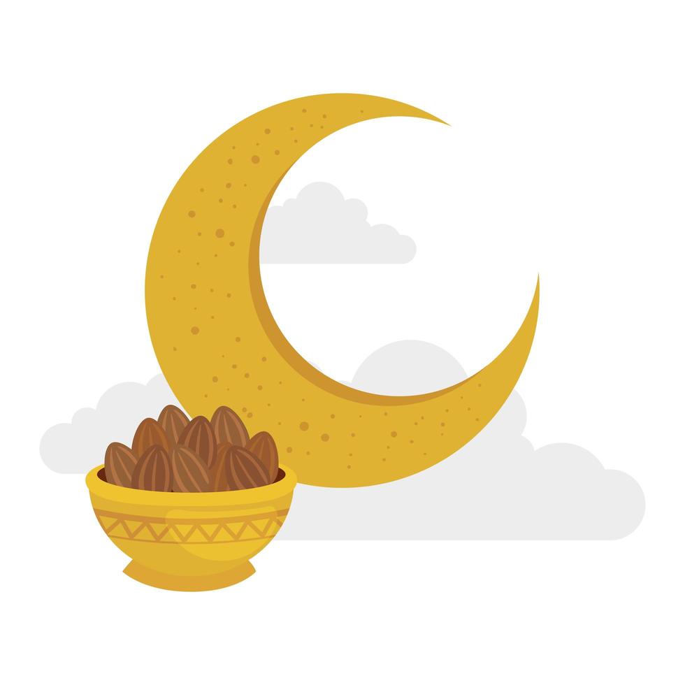 Plato árabe tradicional con dátiles, fruta y luna, concepto de Ramadán Kareem vector