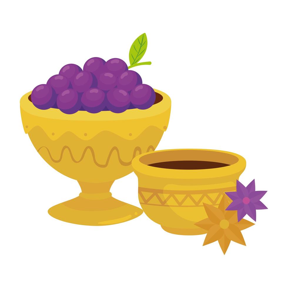 golden arabian pots with grapes and flowers, arabic culture heritage on white background vector