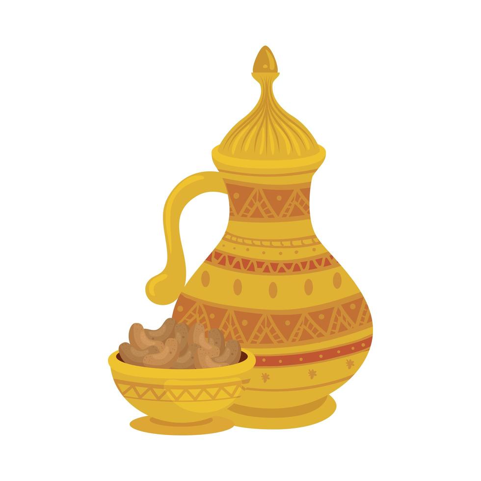 traditional arabic plate with dates fruit and teapot, ramadan kareem concept vector