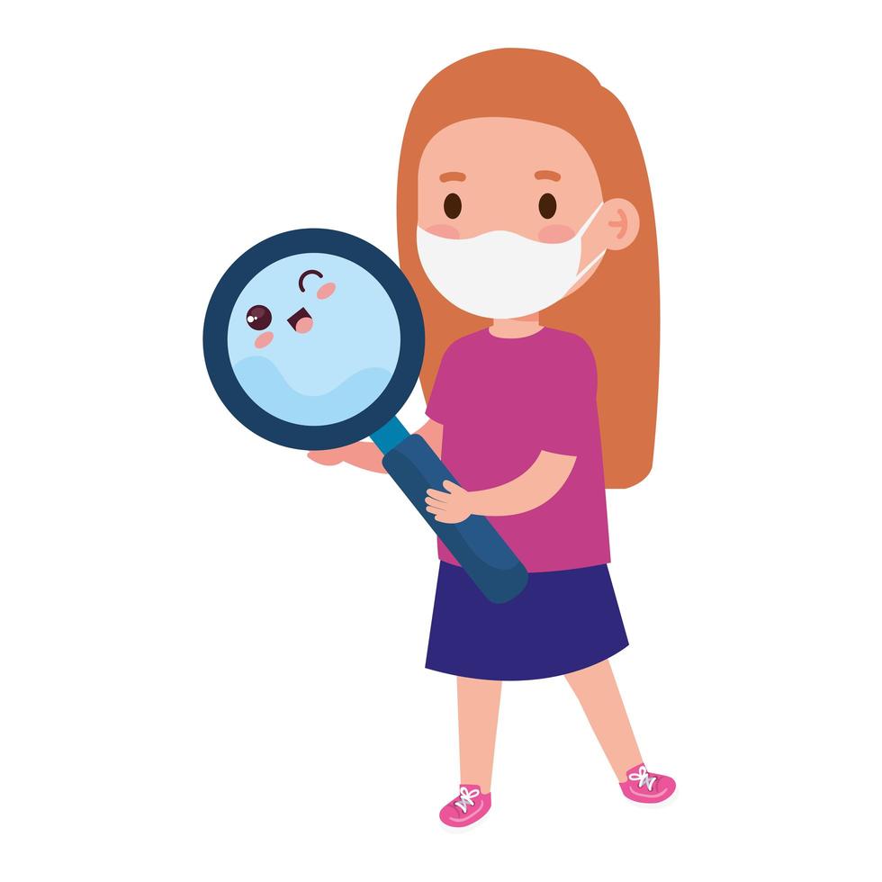 cute girl wearing medical mask to prevent coronavirus covid 19 with cute magnifying glass vector