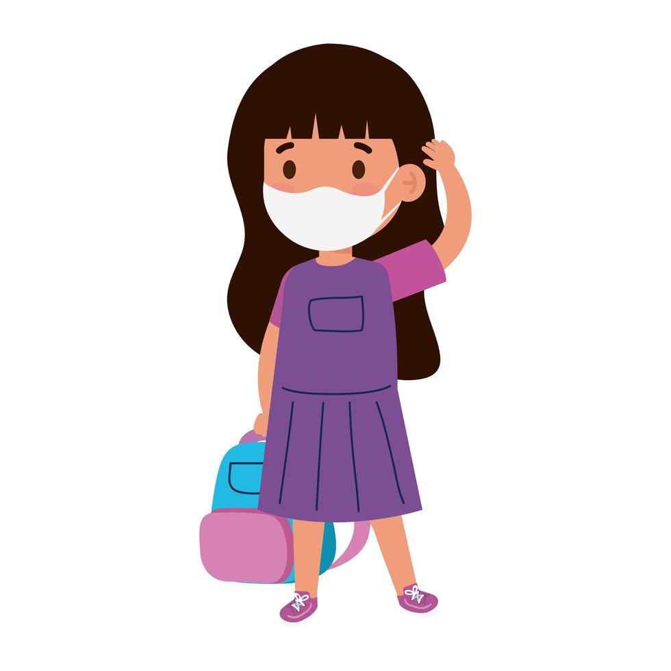 cute girl student wearing medical mask to prevent coronavirus covid 19 with school bag vector