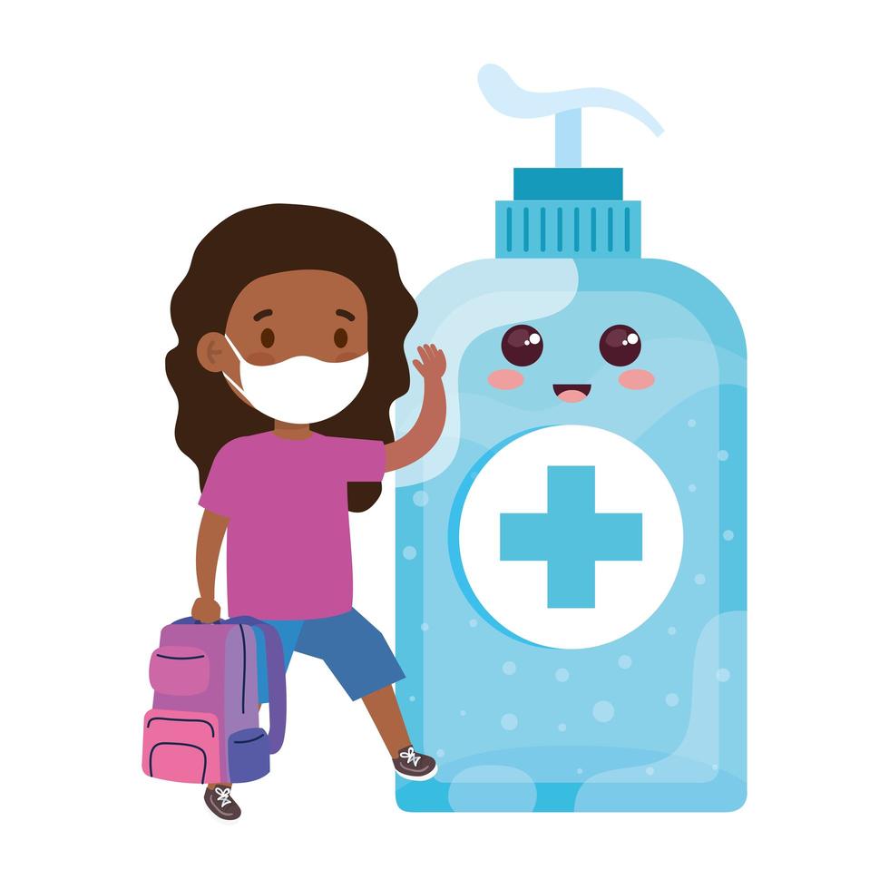 girl student afro wearing medical mask to prevent coronavirus covid 19 with cute bottle disinfection and sanitizer bottle vector