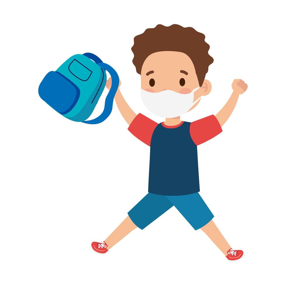 cute student boy wearing medical mask to prevent coronavirus covid 19 with school bag vector