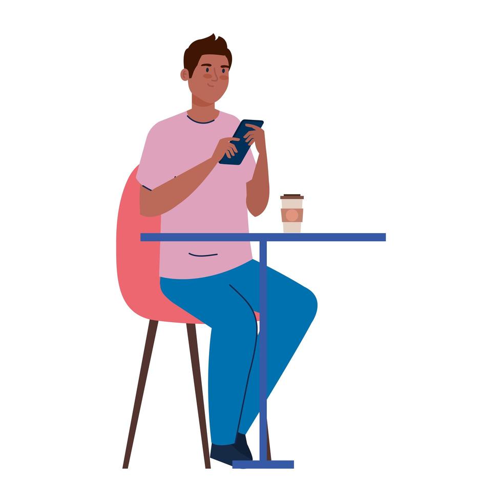 Hombre sentado en una silla, con café en la mesa, sobre fondo blanco. vector