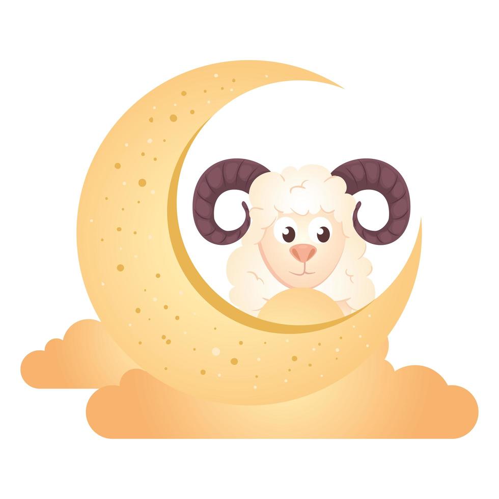 crescent moon with clouds golden and goat animal on white background vector