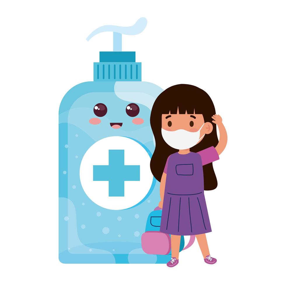 girl student wearing medical mask to prevent coronavirus covid 19 with cute bottle disinfection and sanitizer bottle vector