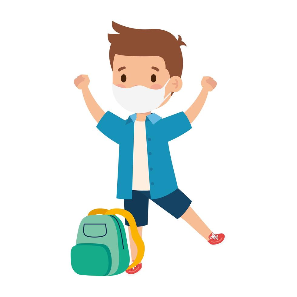 cute student boy wearing medical mask to prevent coronavirus covid 19 with school bag vector