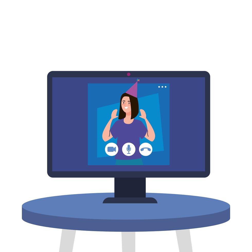 woman with party hat at computer on table vector design