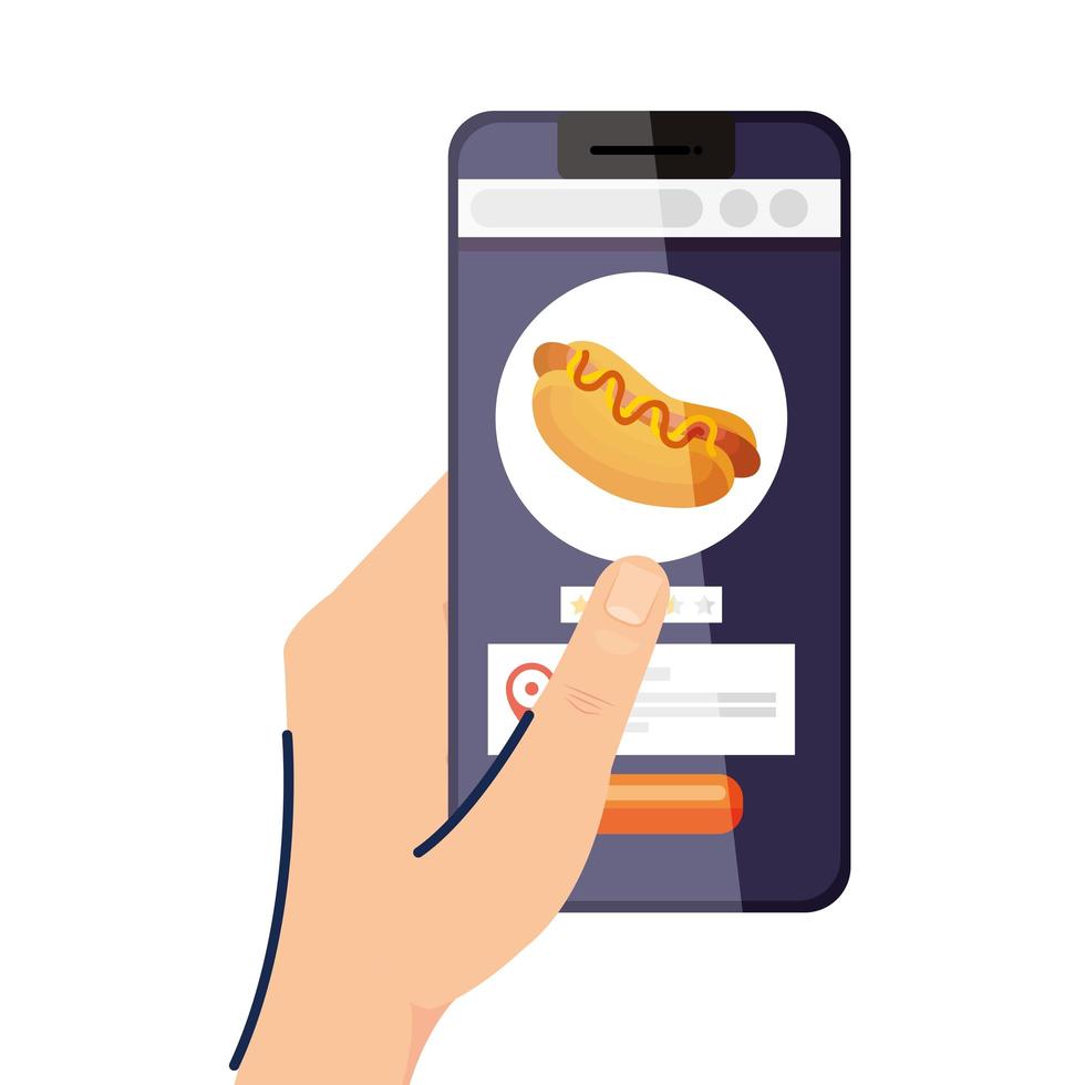 Hand holding smartphone with hot dog vector design