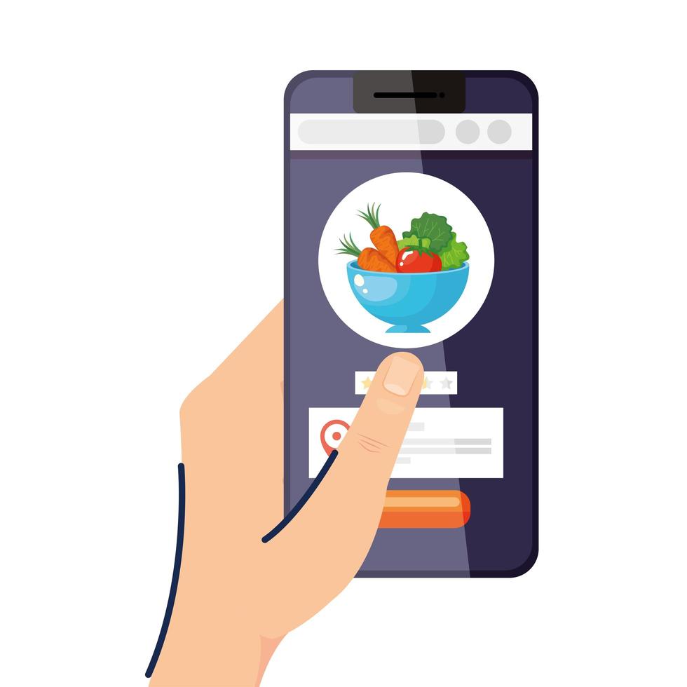 Hand holding smartphone with salad bowl vector design