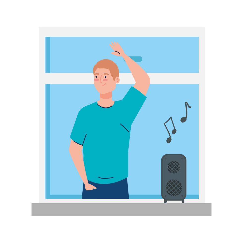man having party on window, isolated icon vector
