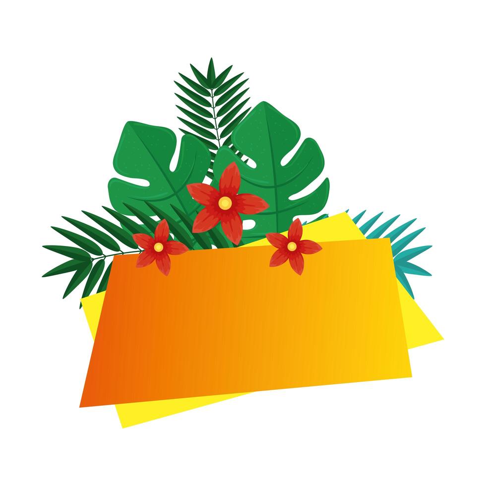 label with flowers and tropical leaves on white background vector