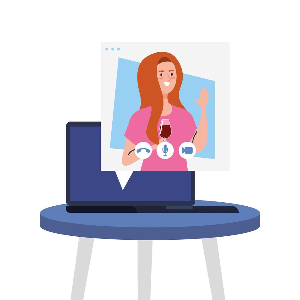 Woman on bubble laptop in video chat vector design