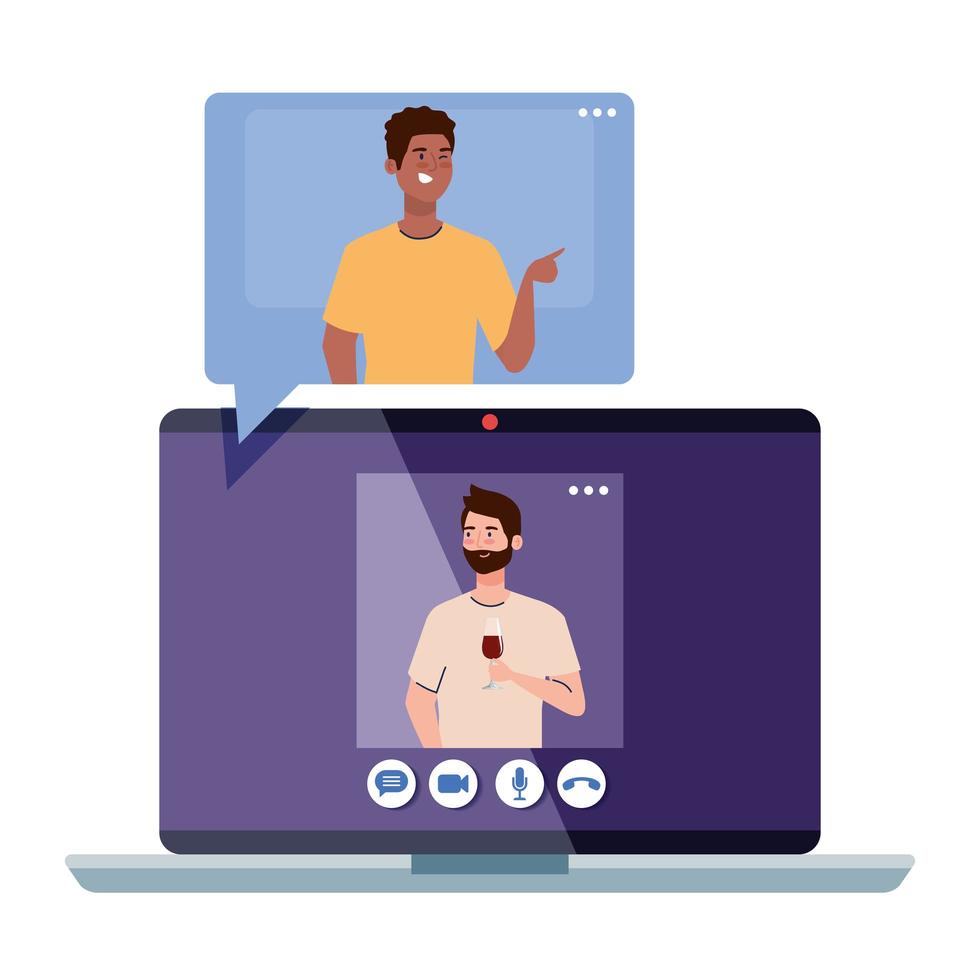 fiesta en línea, los hombres tienen fiesta en línea en cuarentena, cámara web de fiesta en línea vacaciones en computadora portátil vector