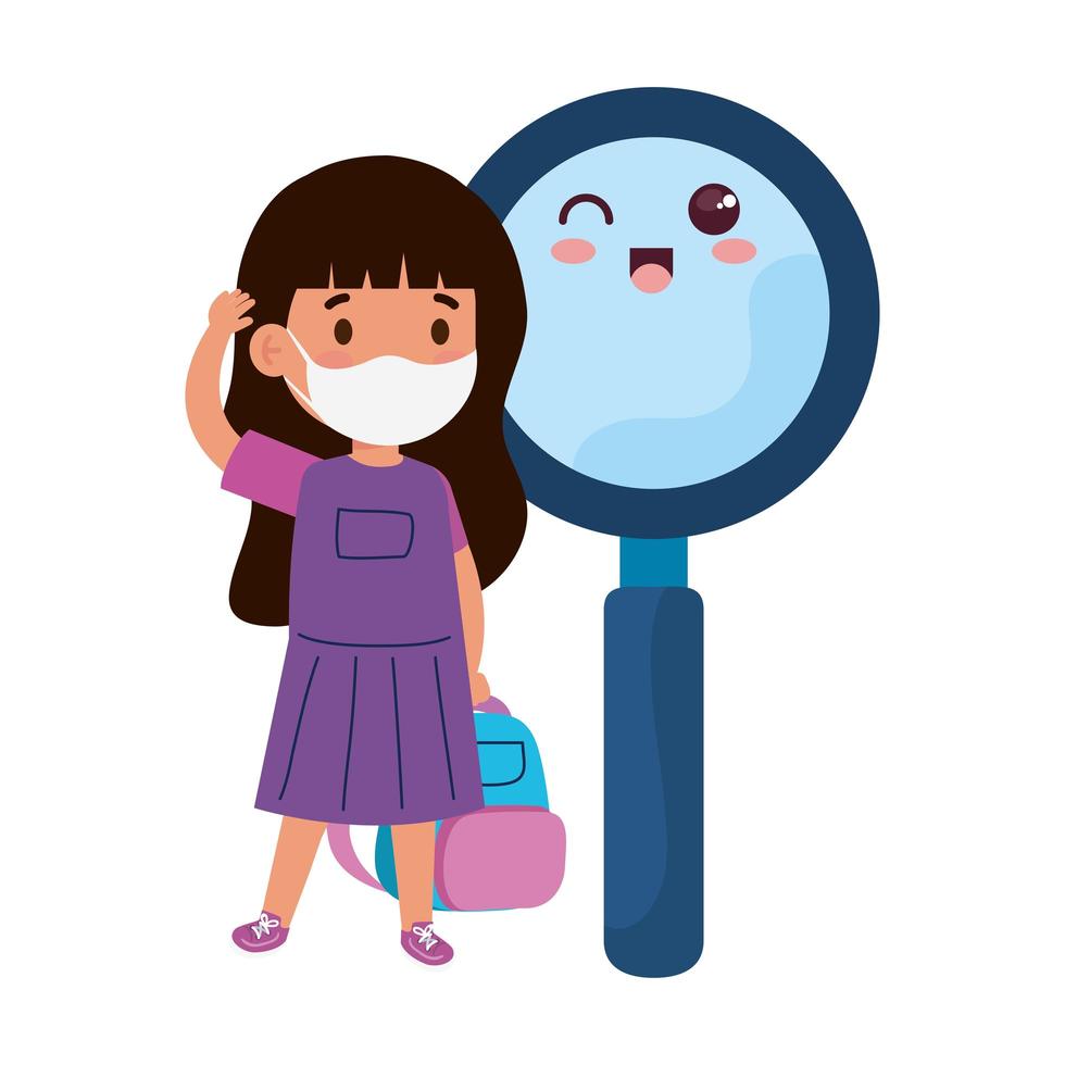 estudiante con máscara médica para prevenir el coronavirus covid 19 linda lupa kawaii vector