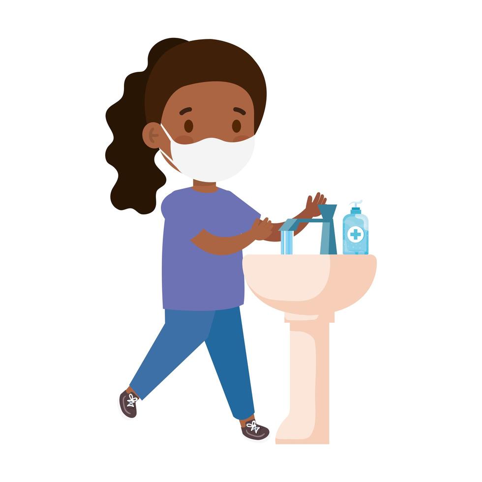 prevent covid 19, wearing medical mask, wash your hands, girl afro wearing protective mask vector