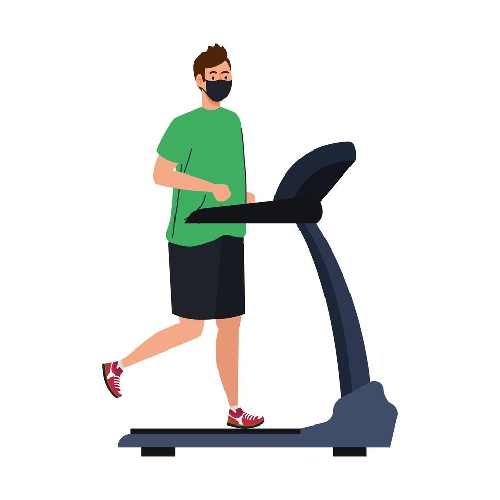 Hombre con máscara y ropa deportiva corriendo en diseño vectorial de cinta vector