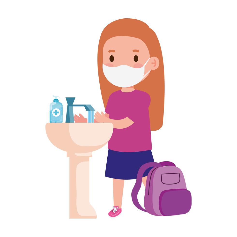 prevent covid 19, wearing medical mask, wash your hands, girl wearing protective mask vector