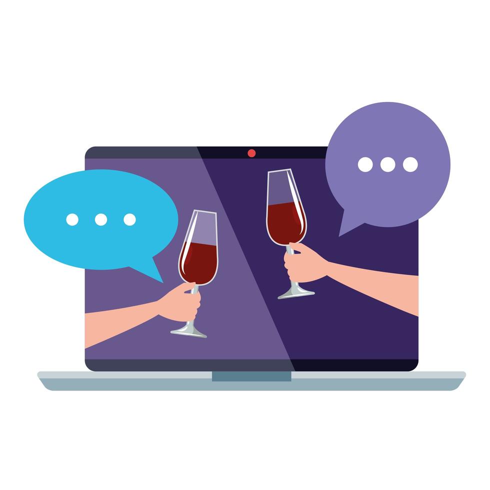 hands with cups wine in laptop, online party concept on white background vector